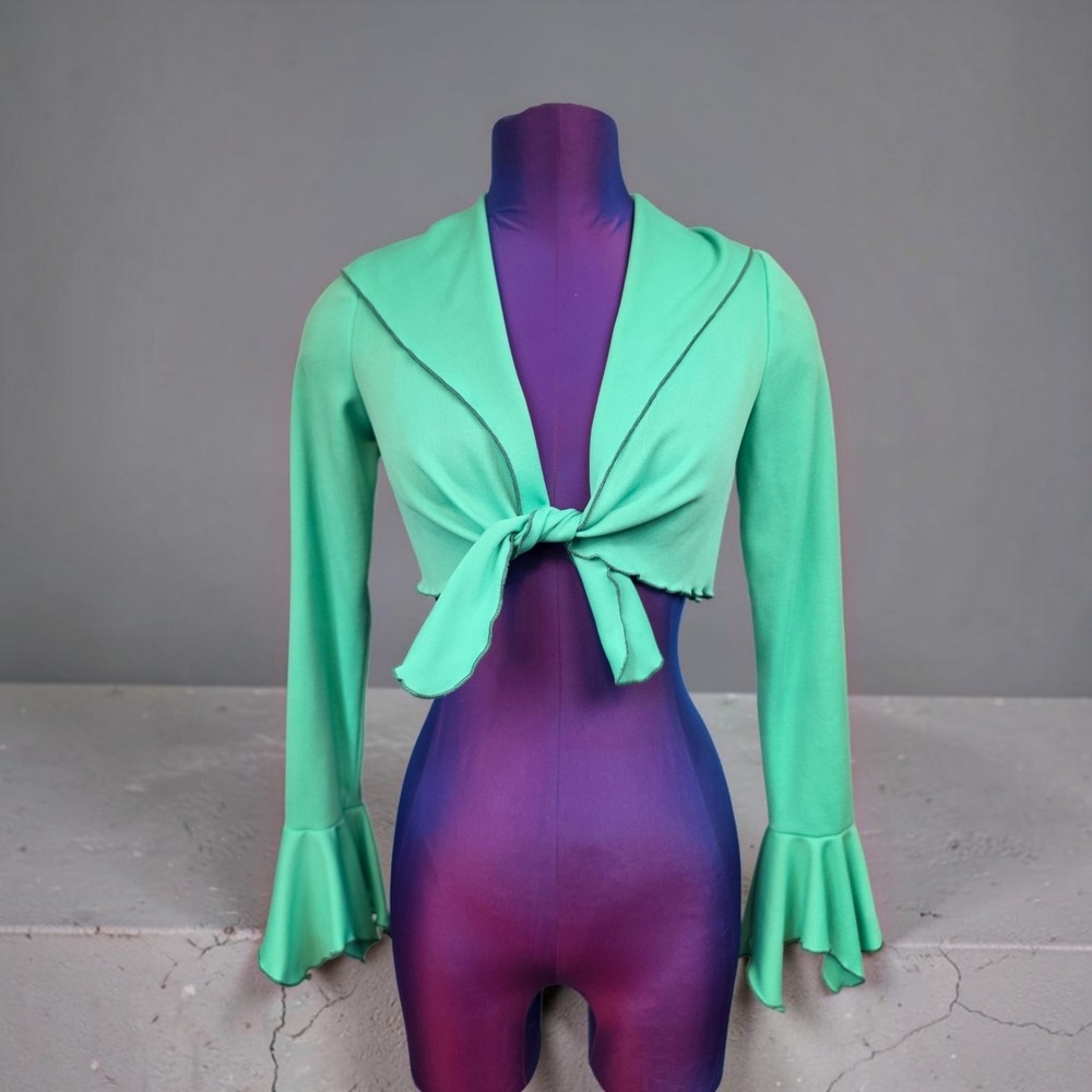 Vintage 70s Mint Green Cropped Tie Front Shrug Sailor Collar Bell Sleeve Bolero